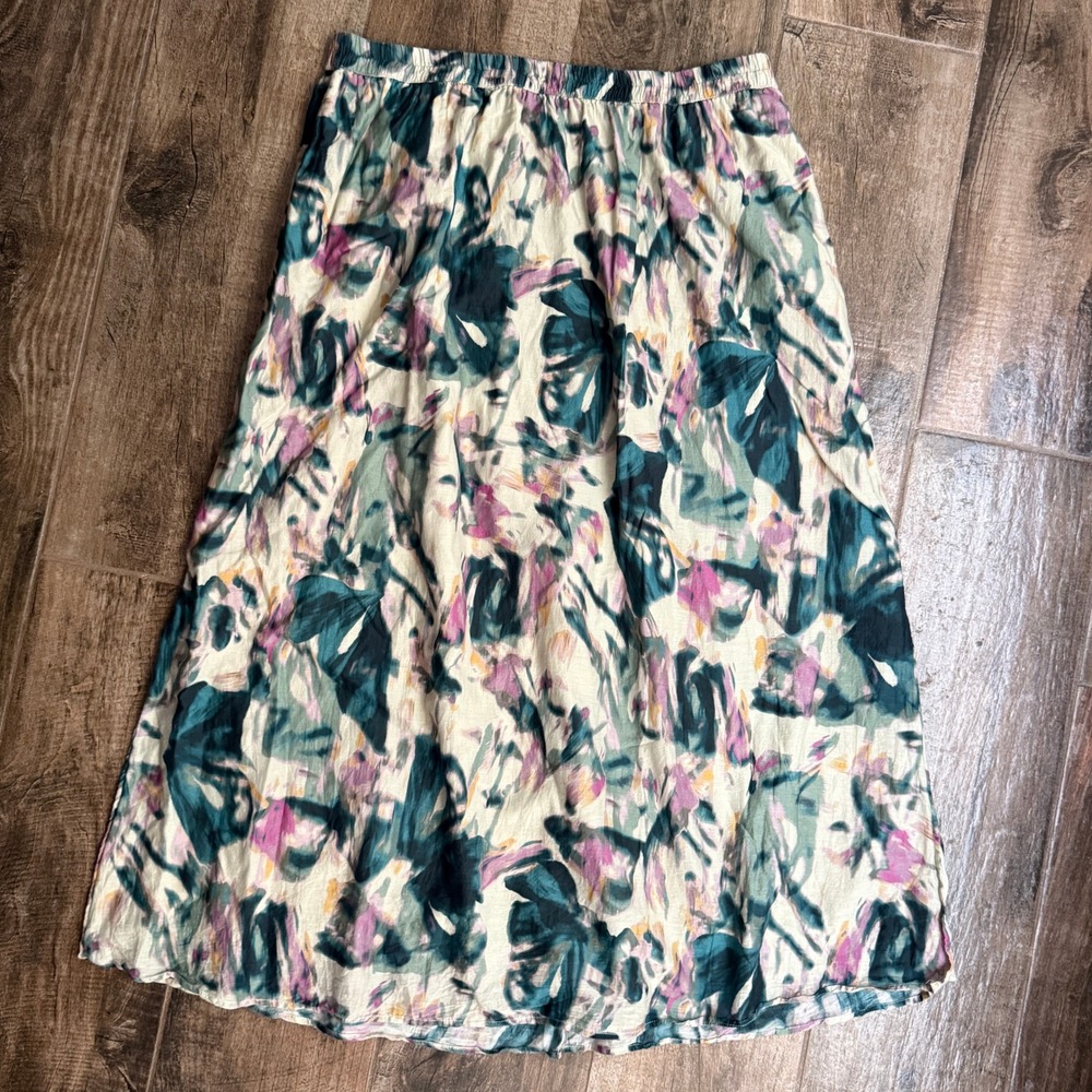 Nordstrom Womens Abstract Blurred Blooms Silk Blend Midi Skirt,Teal Purple, L